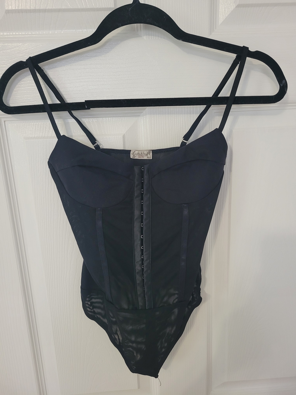 Free People Black Corset-Style Mesh Bodysuit